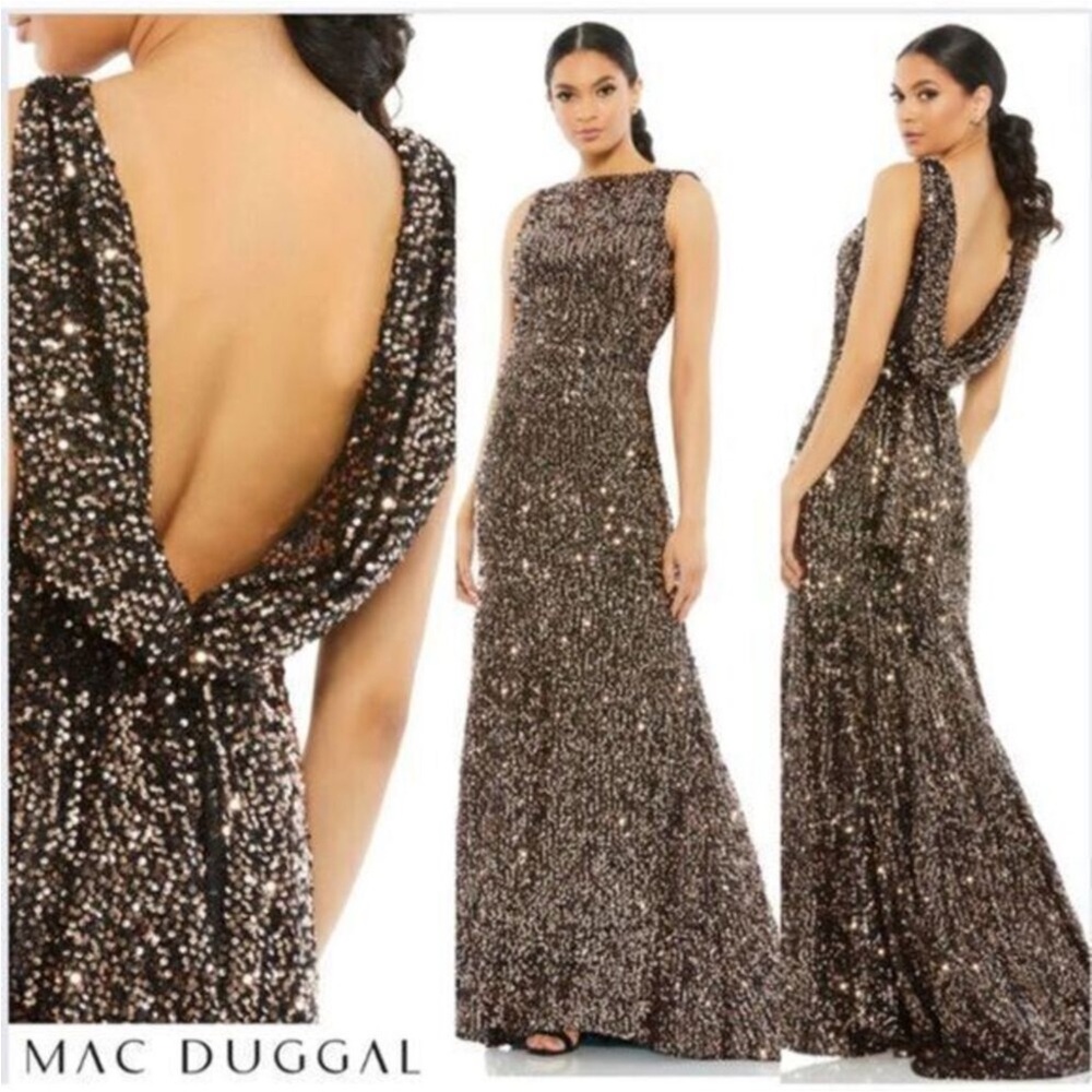 Mac Duggal Bronze Cowl Back Boat
Neck Sequined Evening Gown